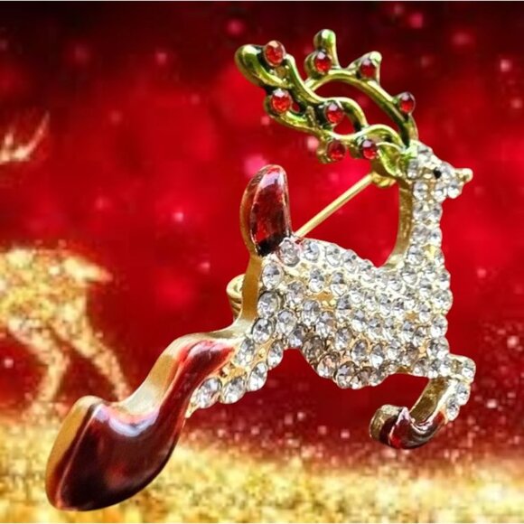 Reindeer Brooch Pin Rudolph Christmas Eve New Crystal Accents Santa Nort… - Picture 6 of 12